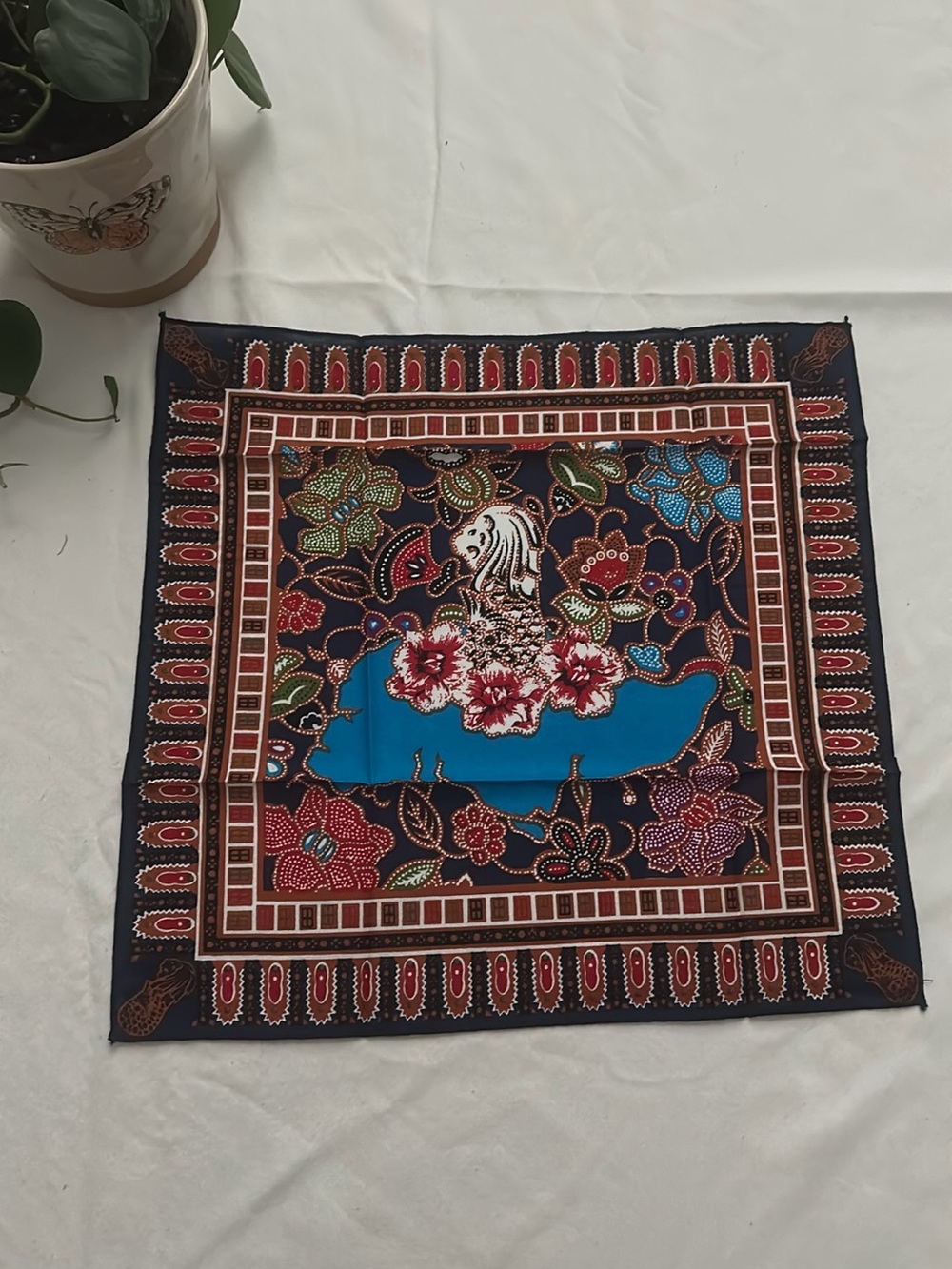 Floral Batik-Style Square Scarf in Navy and Turquoise Singapore Souvenir